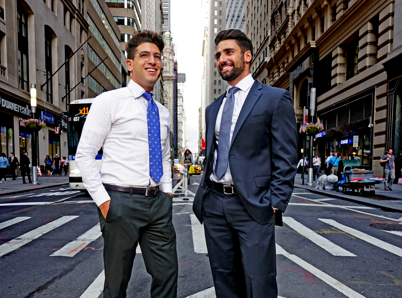 Two male GSB students smiling on NYC street