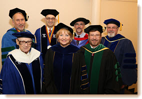 From left: Edward C. Halperin, M.D., M.A.; Dr. Mark Hasten; Alan Kadish, M.D.; Keynote speaker Jan K. Richardson P.T., Ph.D., OCS, FAPTA; D. Douglas Miller, M.D., C.M., M.B.A.; Robert W. Amler, M.D., M.B.A.; and Francis L. Belloni, Ph.D.