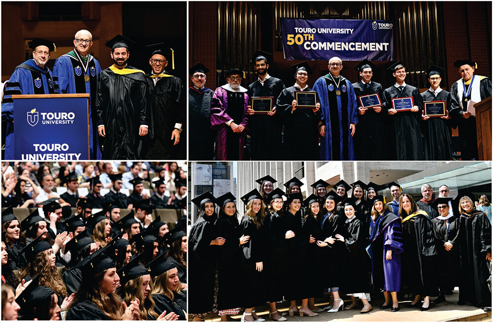 Collage of four images from Lander Colleges Commencement. Top: Honorary degree recipient Congressman Mike Lawler and Alumnus of the Year Award recipient Morris Oiring; Touro Administration. Bottom row: graduating students.