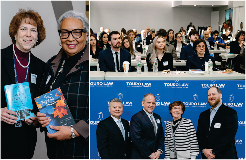 (Clockwise L-R) 2 women holding books, an audience sitting behind rows of tables, 4 people standing in front of Touro Law logo - presenters and attendees at the Touro Law symposium