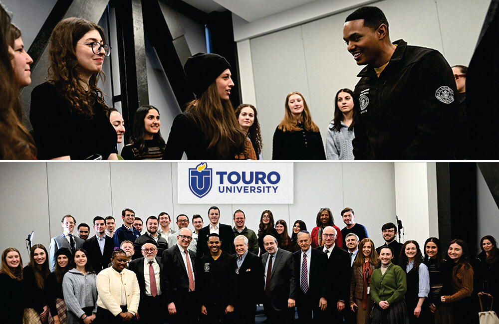 Top-Congressman Ritchie Torres talking to female students; Bottom-Congressman Torres with Touro administration and students and faculty