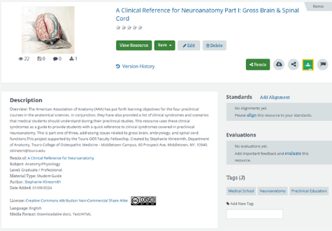 screenshot of Klinesmith’s Clinical Reference for Neuroanatomy on OER Commons.